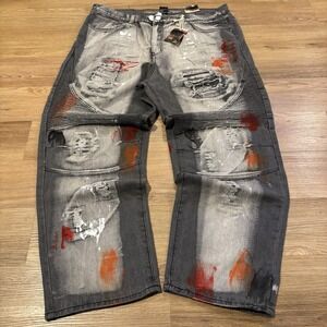 Denim & Rivets Jeans Mens 46 (42x32) Grey Distressed Paint Splatter Baggy Skater